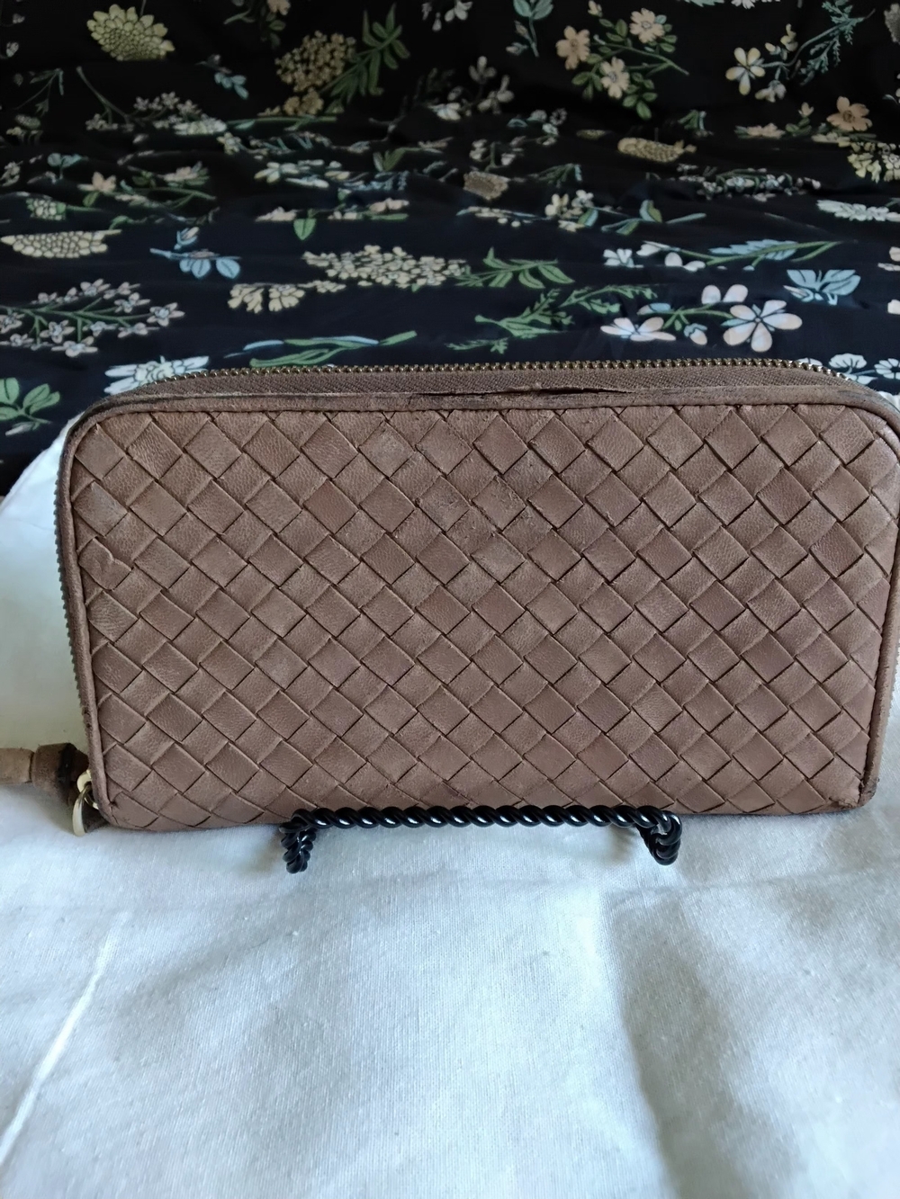 Authentic Bottega Veneta Woven Zip-Around Wallet in Taupe